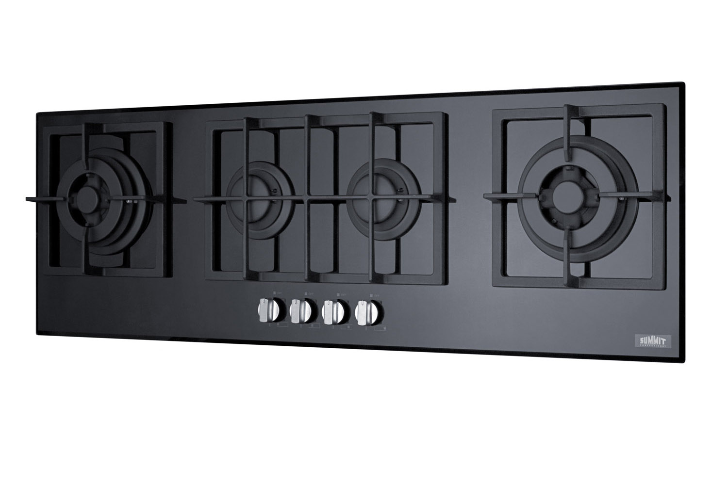 4-burner island gas-on-glass cooktop with sealed burners and cast iron grates